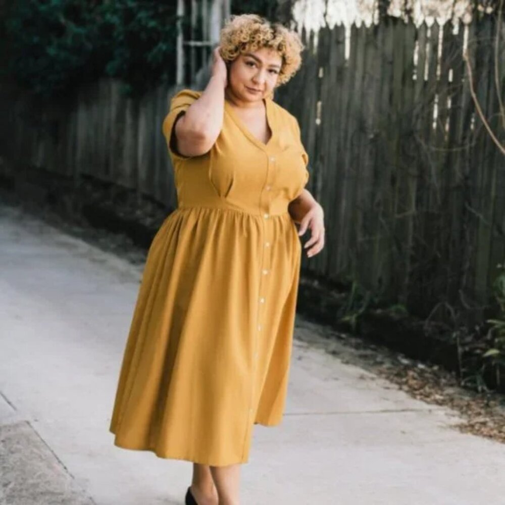Button-Front Mustard Yellow Midi Dress